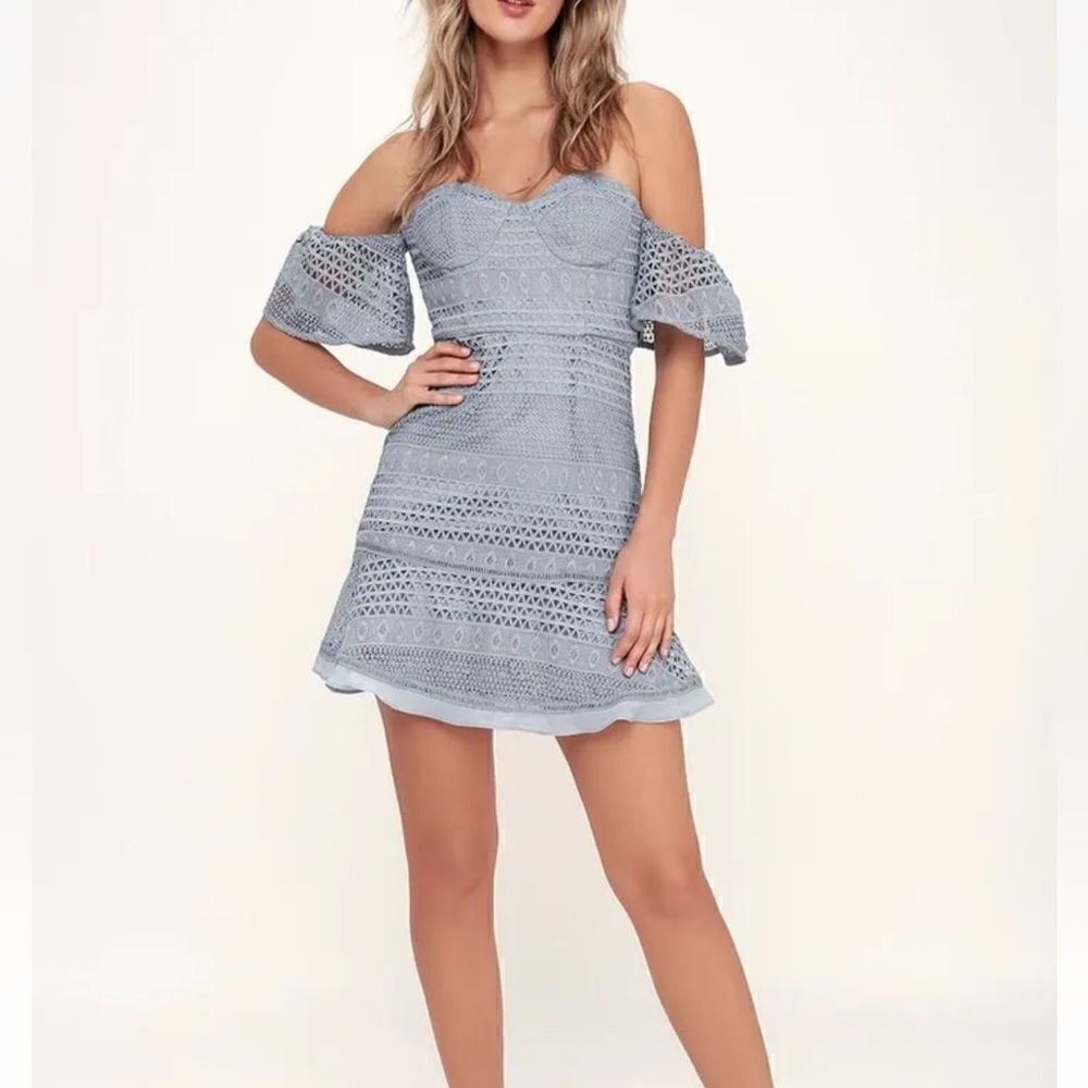 Bardot Lucille Lace Dress Off Shoulder Mini Dress in Dusty Blue Size 8 Medium‎